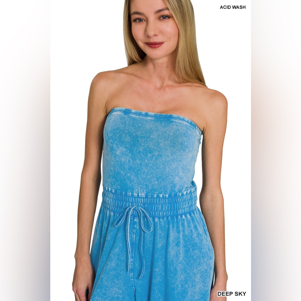Zenana Outfitters Deep Sky Blue Strapless Wide-Leg Jumpsuit - Picture 3 of 4